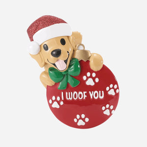 Tan Dog Personalized Christmas Ornament, I Woof You, Red Ball with Paw Prints, 4 Inches, Resin