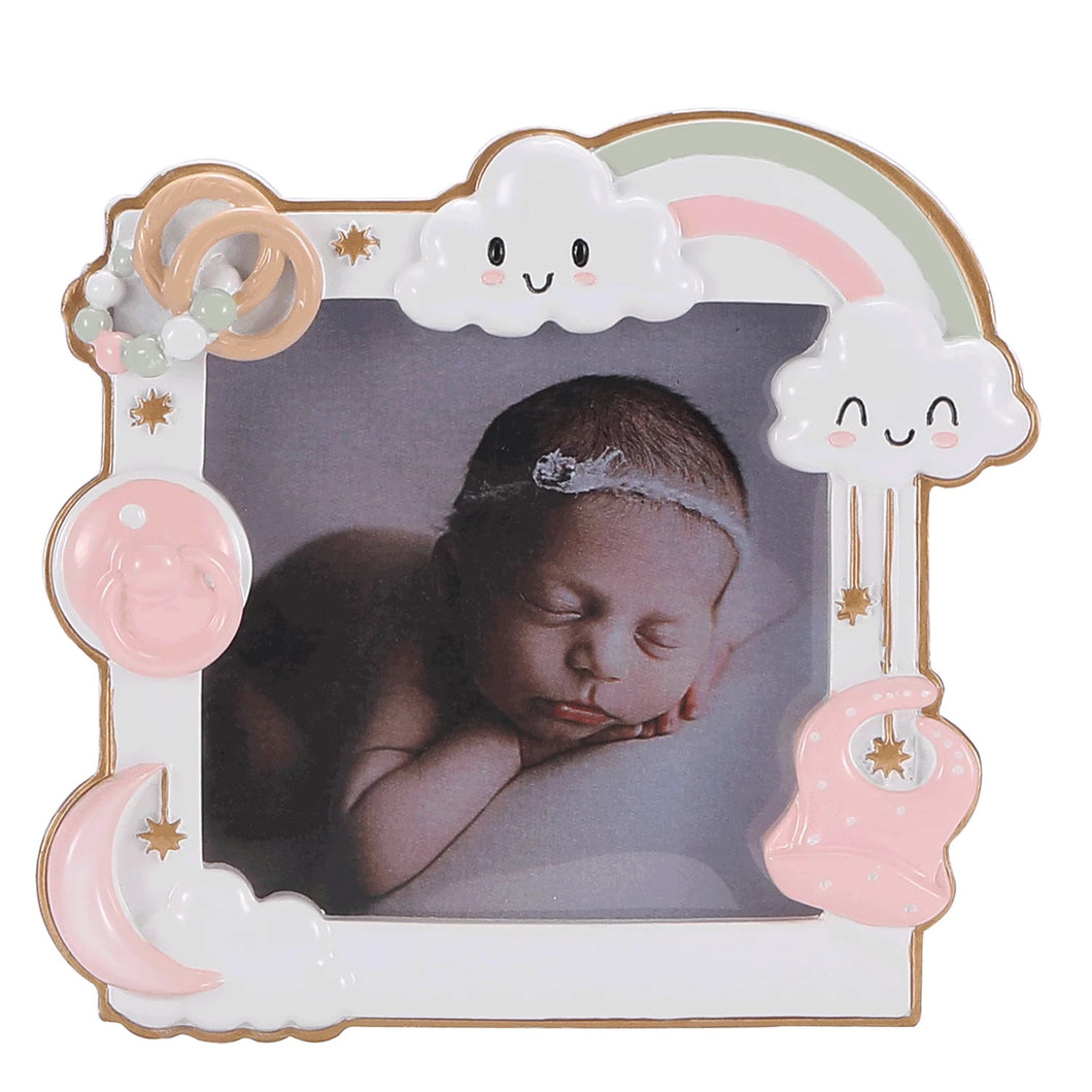 Baby's First Christmas Pink Rainbow, Rattle, Pacifier, Bib Picture Frame Personalize Christmas Ornament