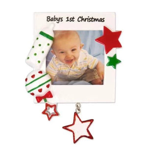 Baby's First Gender Neutral Red/Green Personalize Picture Frame Ornament