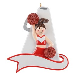 Red Cheerleader with PomPoms and White Megaphone Personalized Christmas Ornament