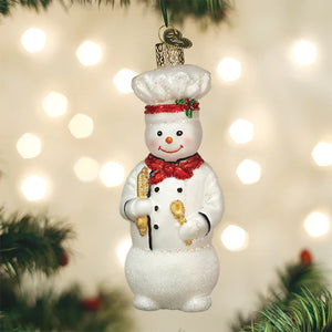 Old World Chef Snowman, Baker, Cook Glass Christmas Ornament holding a Rolling Pin and Stirring Spoon with glitter accent