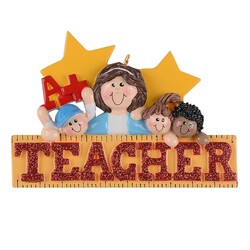 A+ Teacher with 3 Children, Stars on a Ruler Personalized Christmas Ornament