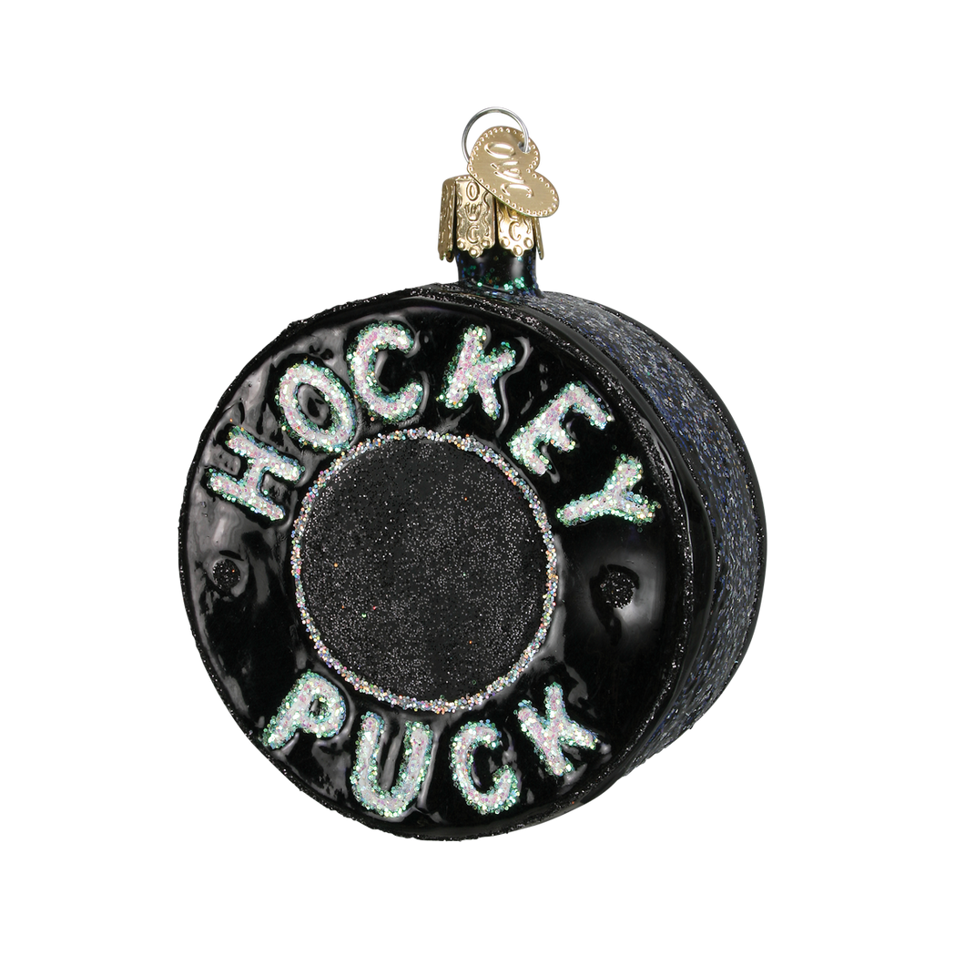 Old World Hockey Puck Christmas Ornament