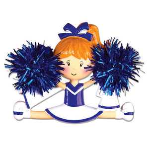 Blue Cheerleader with Metallic Pom Poms, Megaphone and Pennant Ornament