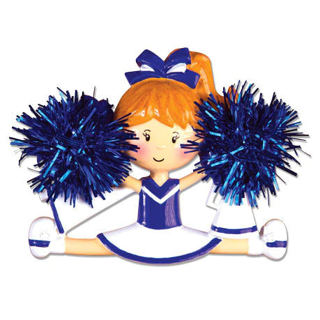 Blue Cheerleader with Metallic Pom Poms, Megaphone and Pennant Ornament