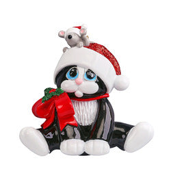 Black and White Tuxedo Cat with Santa Hat and Mouse Personalize Ornament