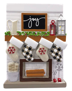 Farmhouse Family of 4 Fireplace Mantel with Stockings Personalized Christmas Ornament