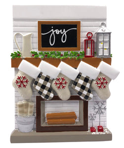 Farmhouse Fireplace Mantel with Stockings Family/Friends/Grandkids/Coworkers of 5 Personalize Ornament
