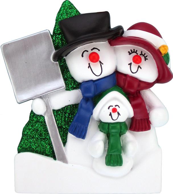 Snowmen Couple with Child & Shovel