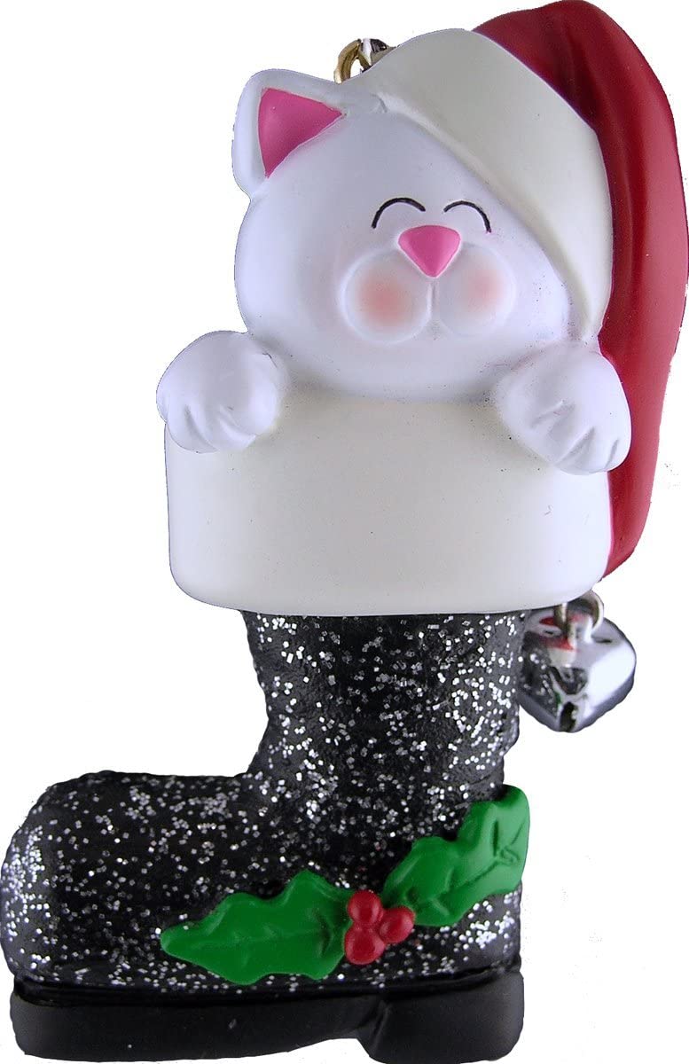 Cat in Santa's Boot , White Christmas Ornament