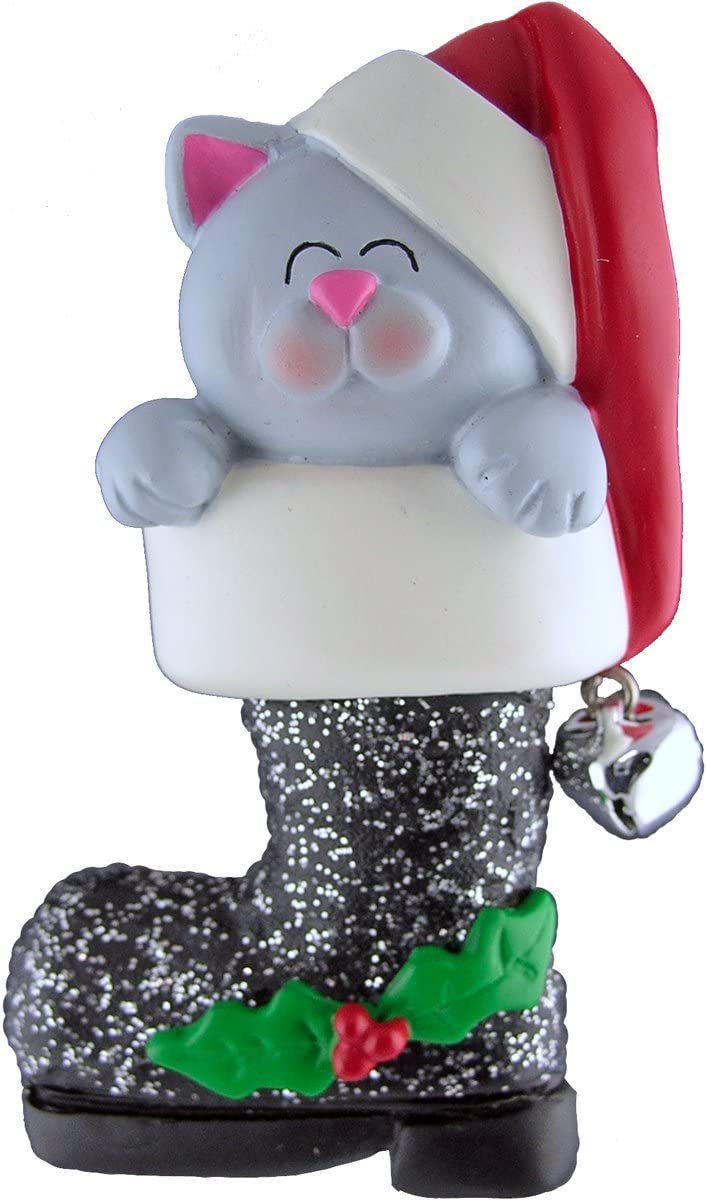 Cat in Santa's Boot , Gray Christmas Ornament