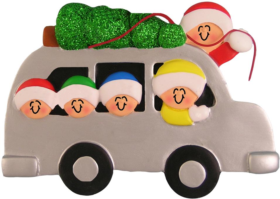 Family of 4 with Christmas Tree Tied On Car Christmas Ornament