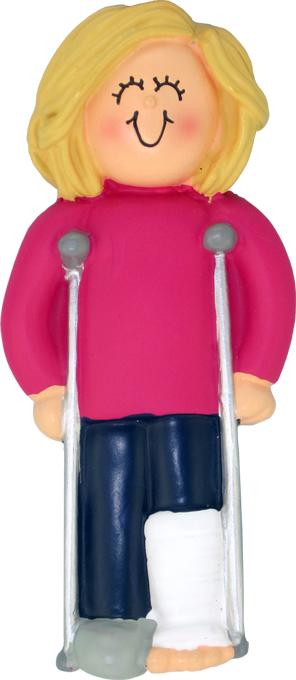 Female Blonde On Crutches - Christmas Ornament