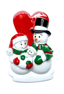 New Family of 3 Snowmen with Red Heart