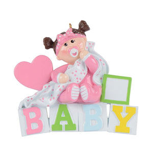 Baby Girl with Blocks, Blanket, Pacifier Personalize Ornament