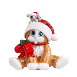 Yellow/Orange Tabby Cat with Santa Hat and Mouse Personalize Christmas Ornament